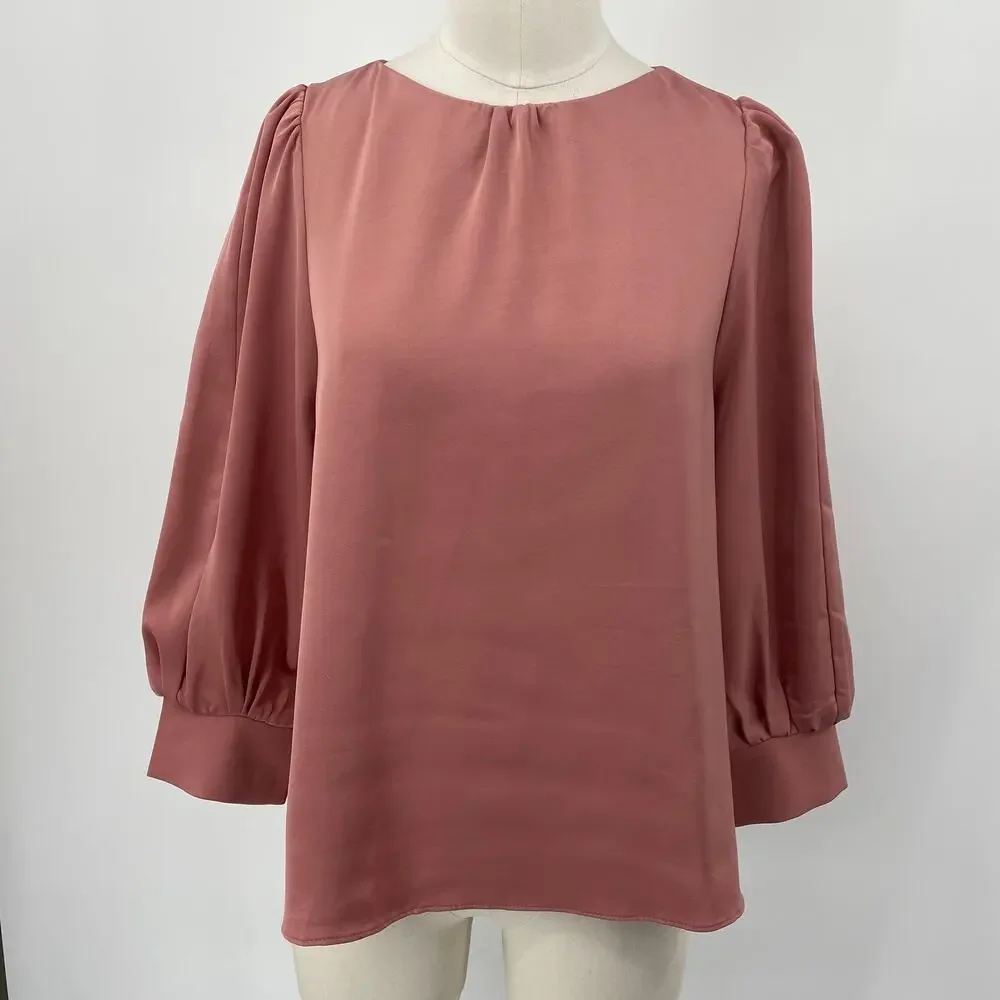 Tuckernuck Pomander Place Farah Blouse Long Puff Sleeve Satin Mauve Pink XS